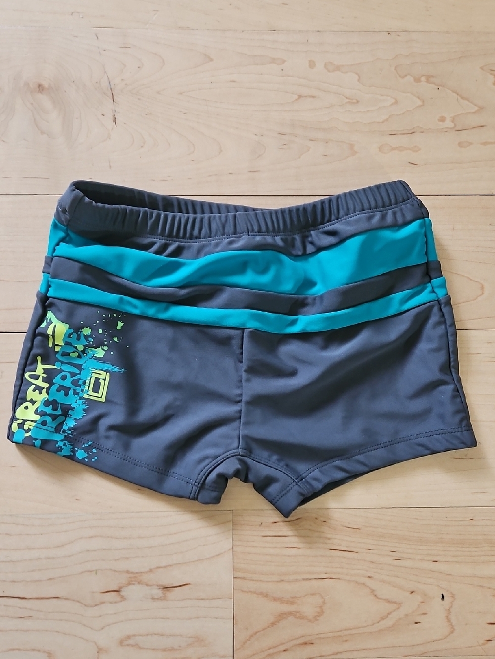 Gray and Teal Boys Swim Trunks with Graphic Accent